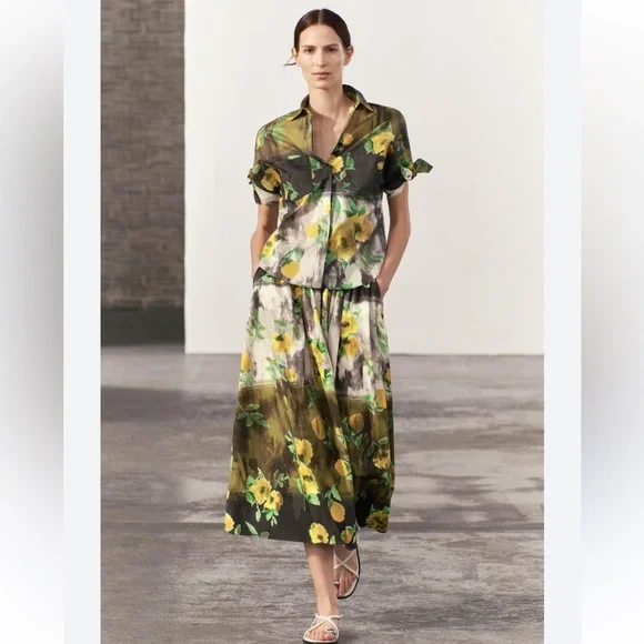 ZARA ZW WOMAN COLLECTION 2pc Co Ord Set Midi skirt & Blouse Size Medium NWT - Picture 1 of 16